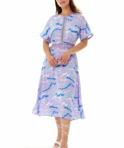 Liquorish Midi Abstract Zebra Print Dress with Mesh Detail in Lilac