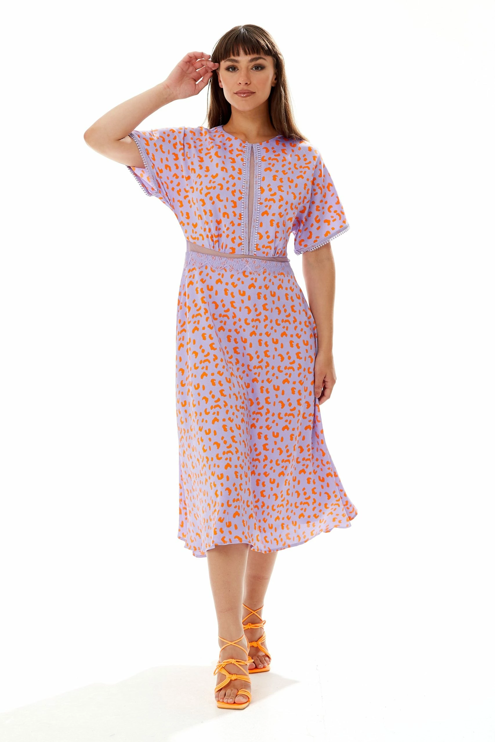 Liquorish Cheetah Print Midi Dress with Mesh Detailing in Lilac and Orange 3 Liquorish Cheetah Print Midi Dress with Mesh Detailing in Lilac and Orange