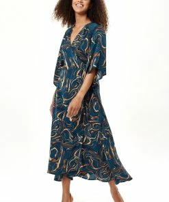 Liquorish Scribble Print Maxi Wrap Dress with Kimono Sleeves in Dark Green