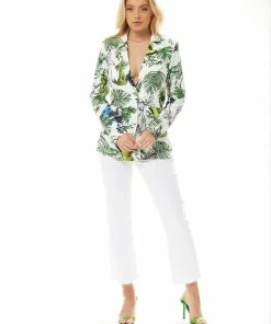 Liquorish Bird and Floral Print Blazer Jacket in Green/White - Multicolour