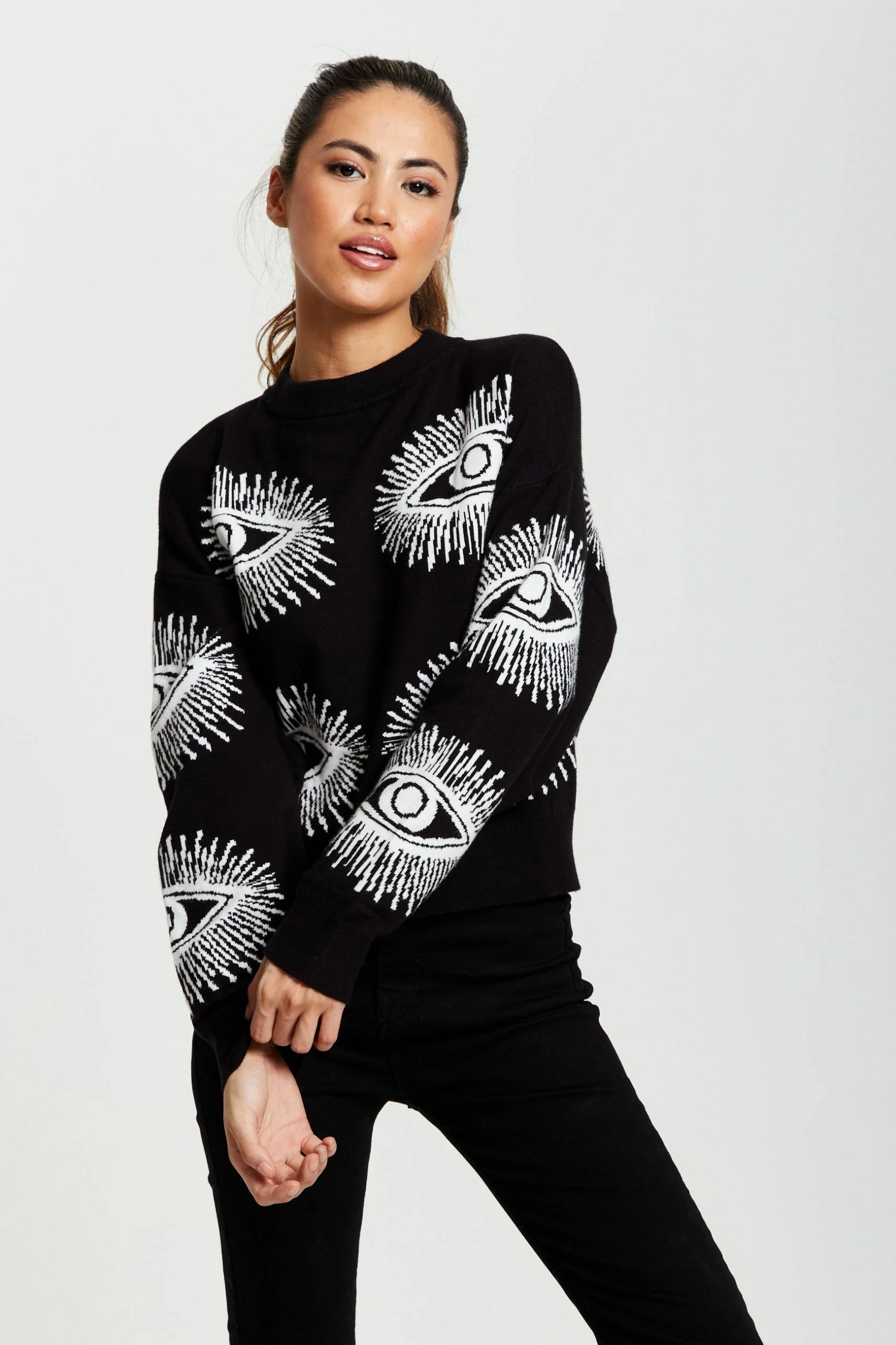 Liquorish Eye Pattern Jumper in Black - Black/White 5 Liquorish Eye Pattern Jumper in Black - Black/White - Image 3