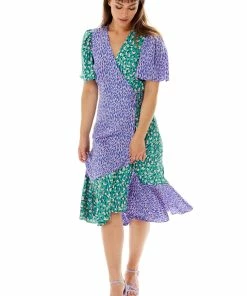 Liquorish Multi Print Midi Wrap Dress in Contrast Colours - Multicolour