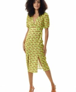 Liquorish Tiger Print Midi Dress with Cut Out Front in Pistachio - Yellow