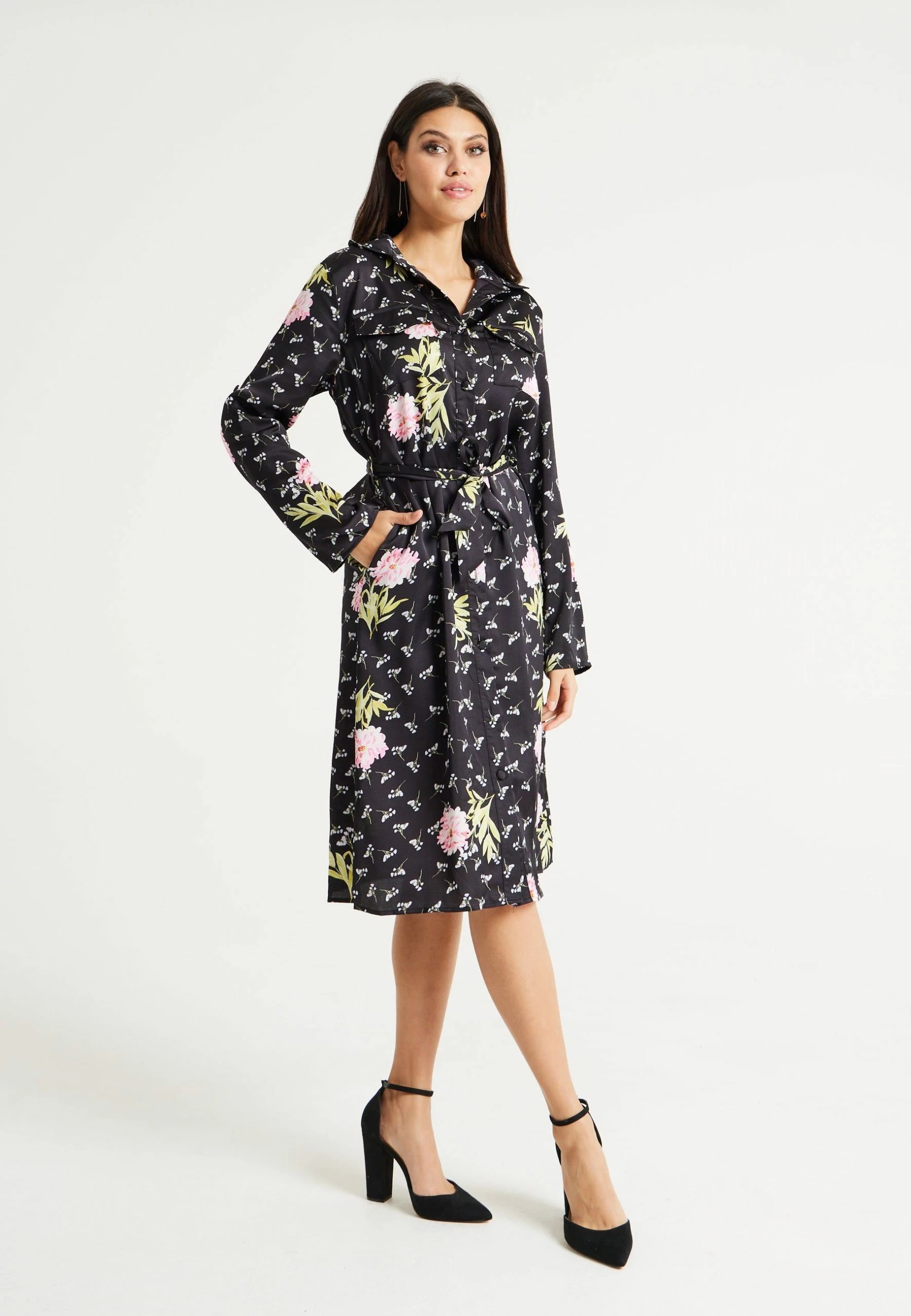 Liquorish Pink Floral Print Shirt Dress in Black 6 Liquorish Pink Floral Print Shirt Dress in Black - Image 4