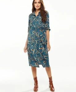 Liquorish Scribble Print Midi Shirt Dress in Green