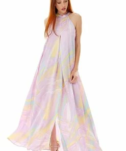 Liquorish Abstract Print Maxi Dress with a High Neck in Lilac