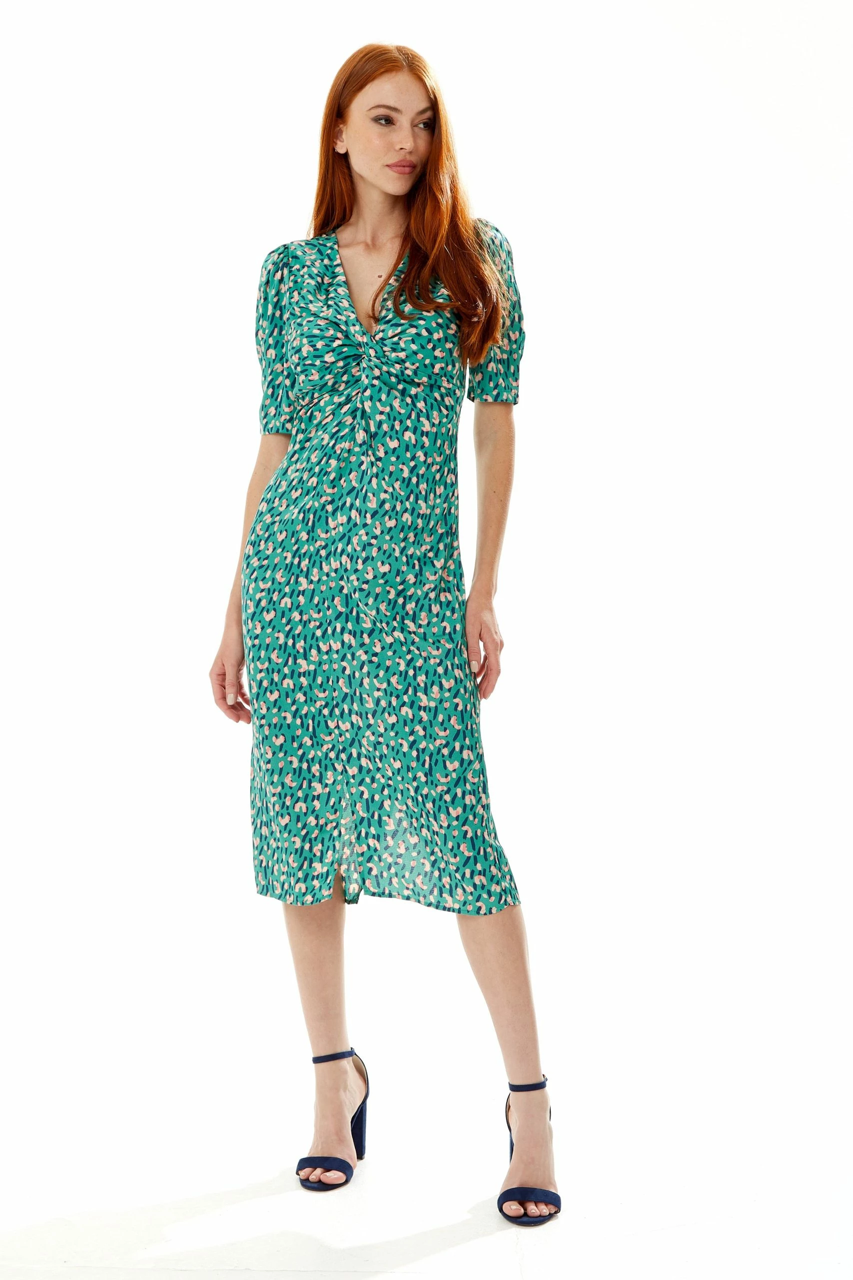 Liquorish Stroke Print Knot Front Dress in Green 4 Liquorish Stroke Print Knot Front Dress in Green - Image 2