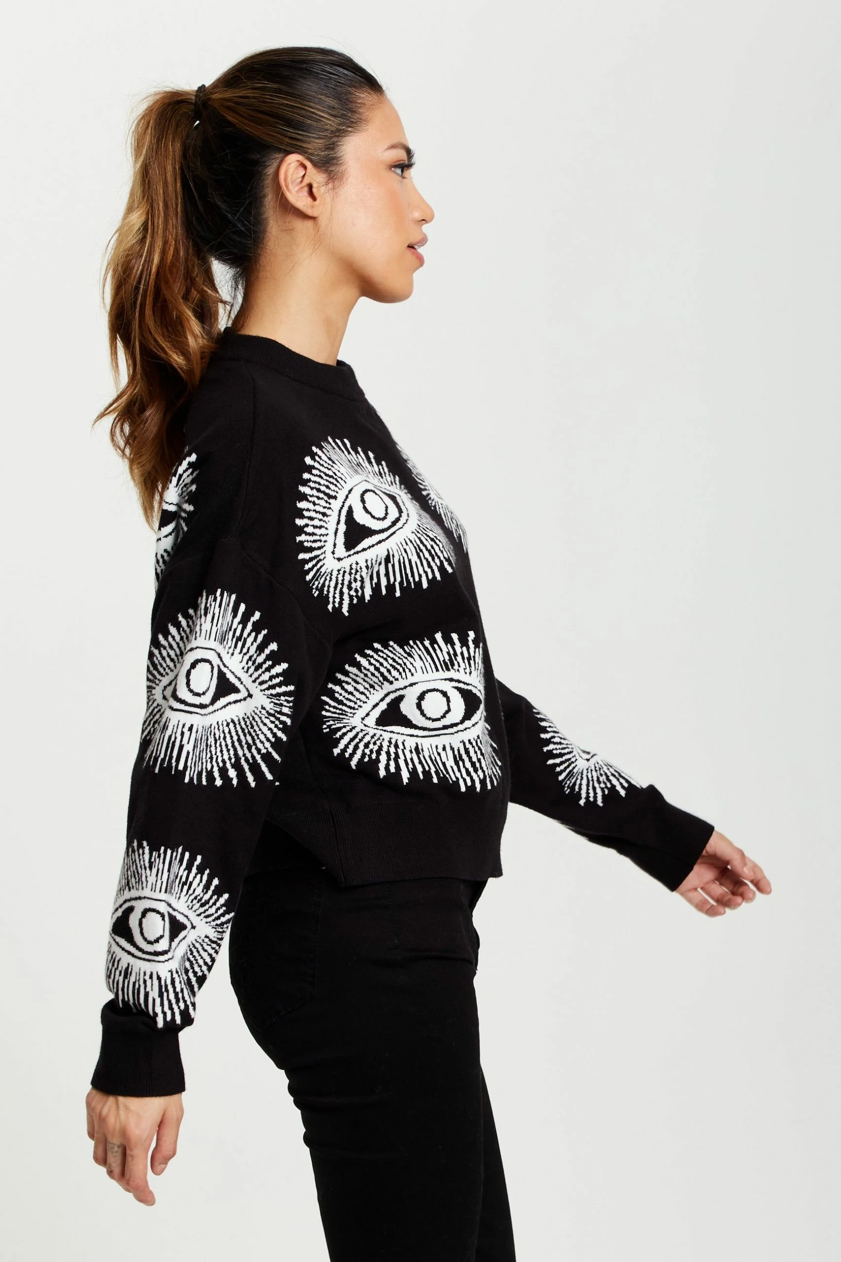 Liquorish Eye Pattern Jumper in Black - Black/White 6 Liquorish Eye Pattern Jumper in Black - Black/White - Image 4