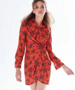 Liquorish Leopard Star Print Mini Dress with Collar and Twisted Front Detail in Orange