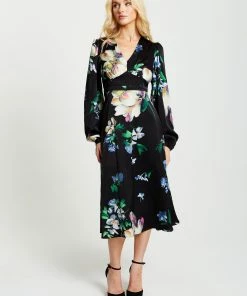 Liquorish Elegant Floral Print Midi Dress in Black - Multicolour
