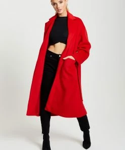 Liquorish Belted Longline Coat in Red