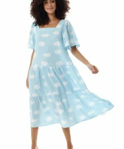 Liquorish Cloud Print Midi Smock Dress in Blue
