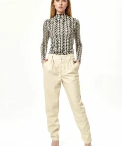 Liquorish Tapered Leather Look Trousers with Pleated Detail in Cream