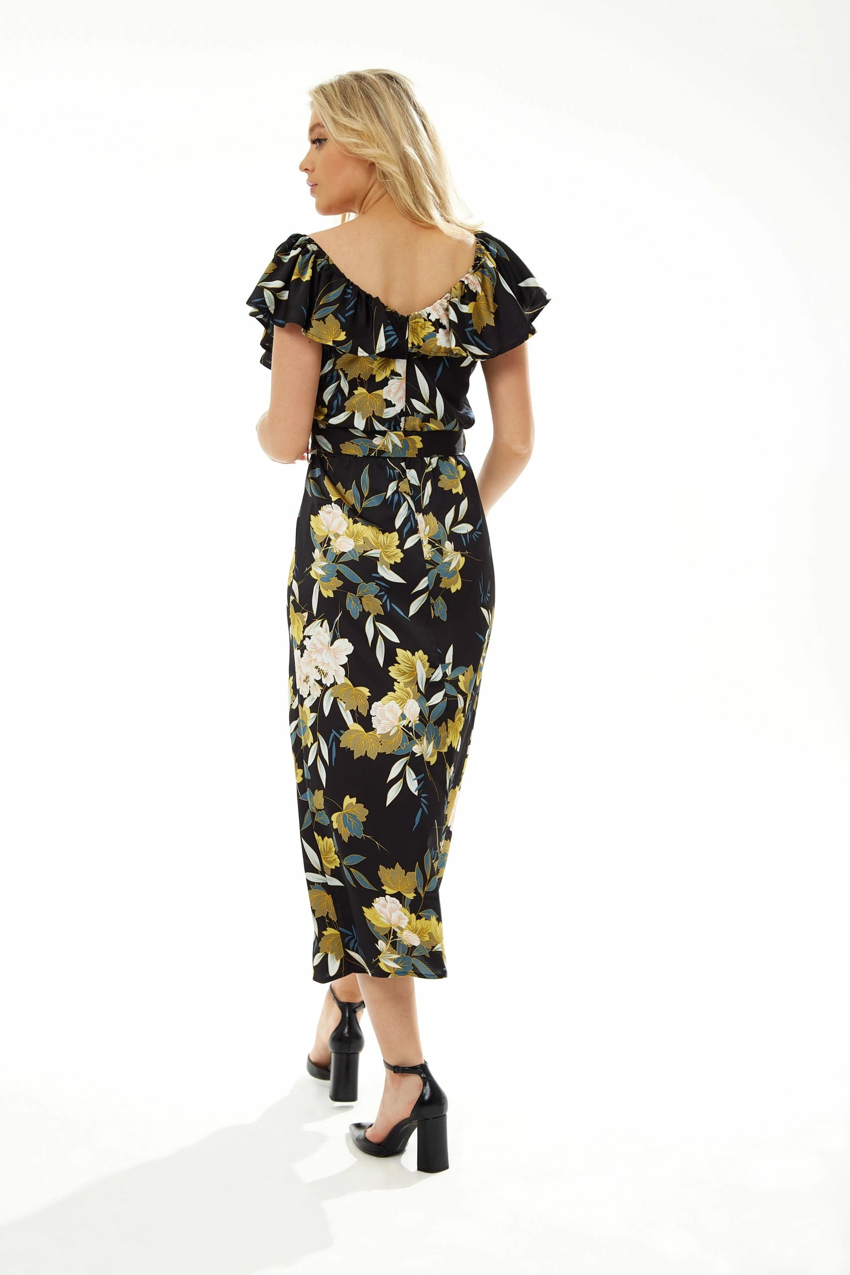 Liquorish Belted Midi Dress with Off Shoulder Sleeves in Navy Floral Print - Multicolour 6 Liquorish Belted Midi Dress with Off Shoulder Sleeves in Navy Floral Print - Multicolour - Image 4