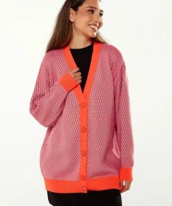 Liquorish Geometric Pattern Cardigan in Light Blue & Orange - Multicolour
