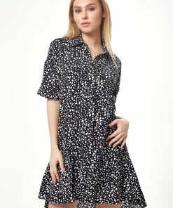 Liquorish Black and White Animal Print Mini Shirt Dress - Black/White