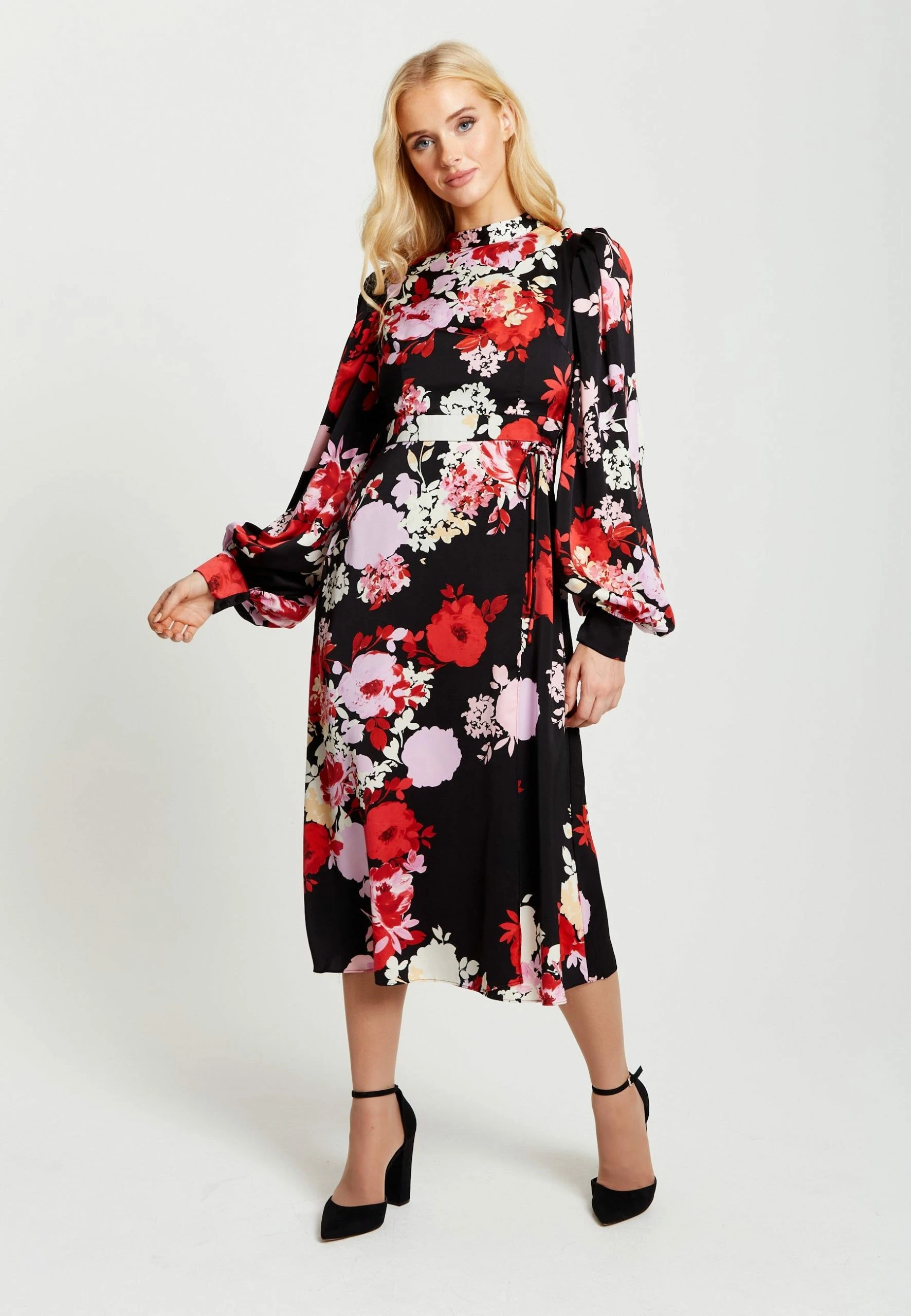 Liquorish Rose Print Midi Wrap Dress with Open Back Detail - Black 5 Liquorish Rose Print Midi Wrap Dress with Open Back Detail - Black - Image 3