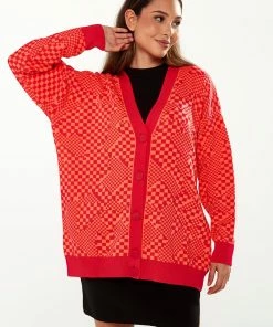 Liquorish Chequered Pattern Cardigan in Red & Orange