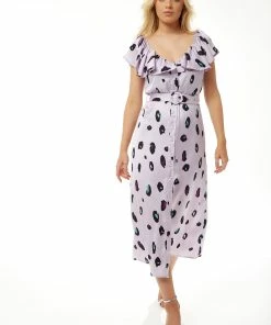 Liquorish Belted Midi Dress with Off Shoulder Sleeves in Lilac Animal Print