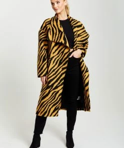 Liquorish Zebra Print Longline Coat in Mustard and Black