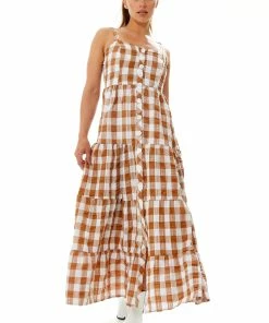Liquorish Gingham Print Maxi Dress in Brown and White - Green