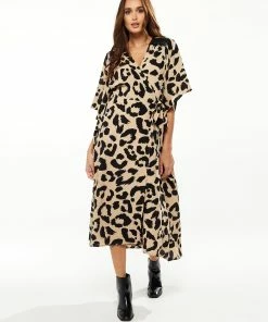 Liquorish Animal Print Midi Wrap Dress with Kimono sleeves in Cream