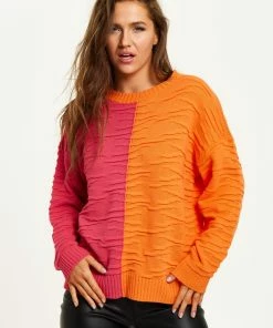 Liquorish Colour Block Jumper in Orange and Pink