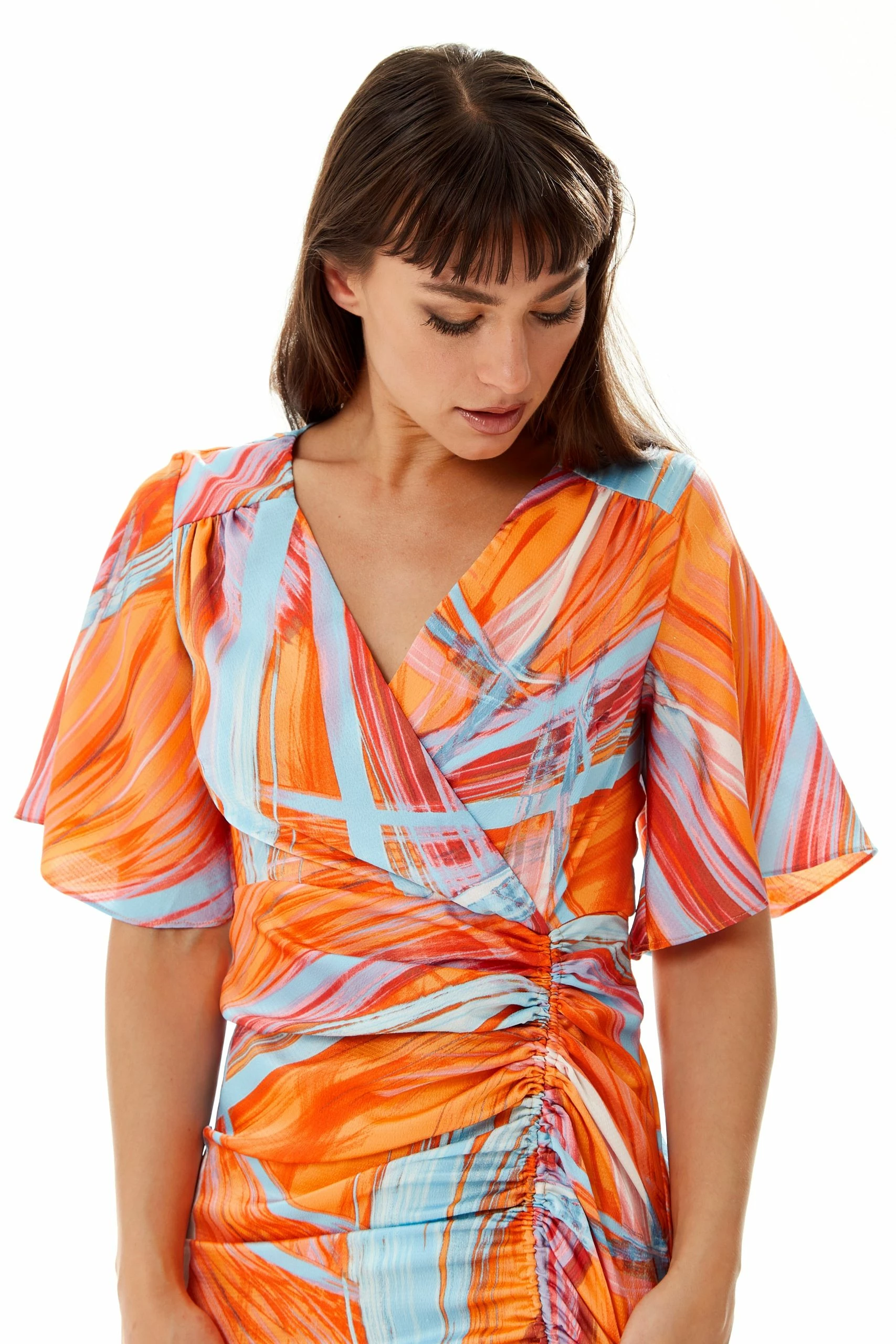 Liquorish Rouching Detail, Abstract Brush Stroke Print Midi Dress in Orange 6 Liquorish Rouching Detail, Abstract Brush Stroke Print Midi Dress in Orange - Image 4