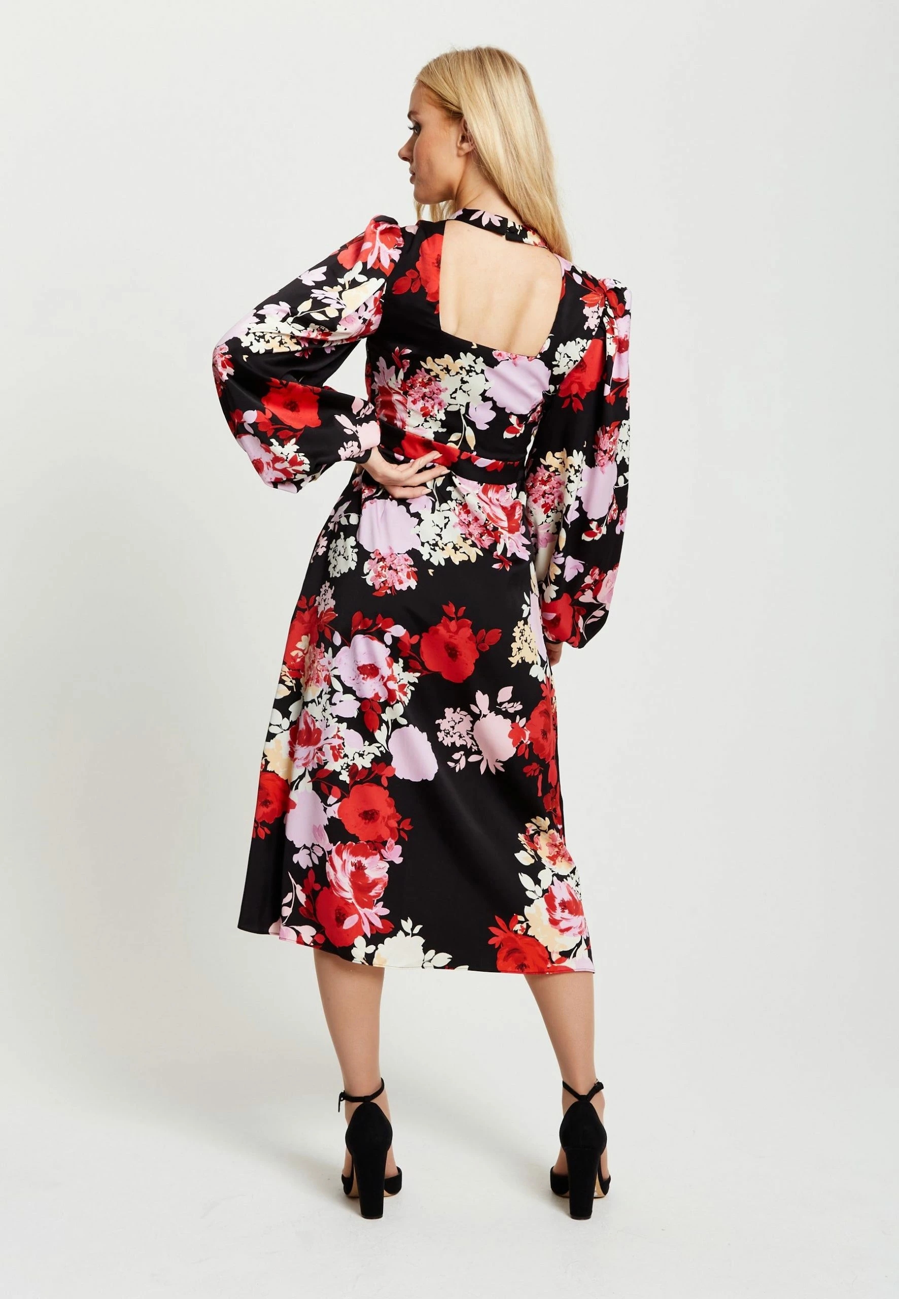 Liquorish Rose Print Midi Wrap Dress with Open Back Detail - Black 8 Liquorish Rose Print Midi Wrap Dress with Open Back Detail - Black - Image 6
