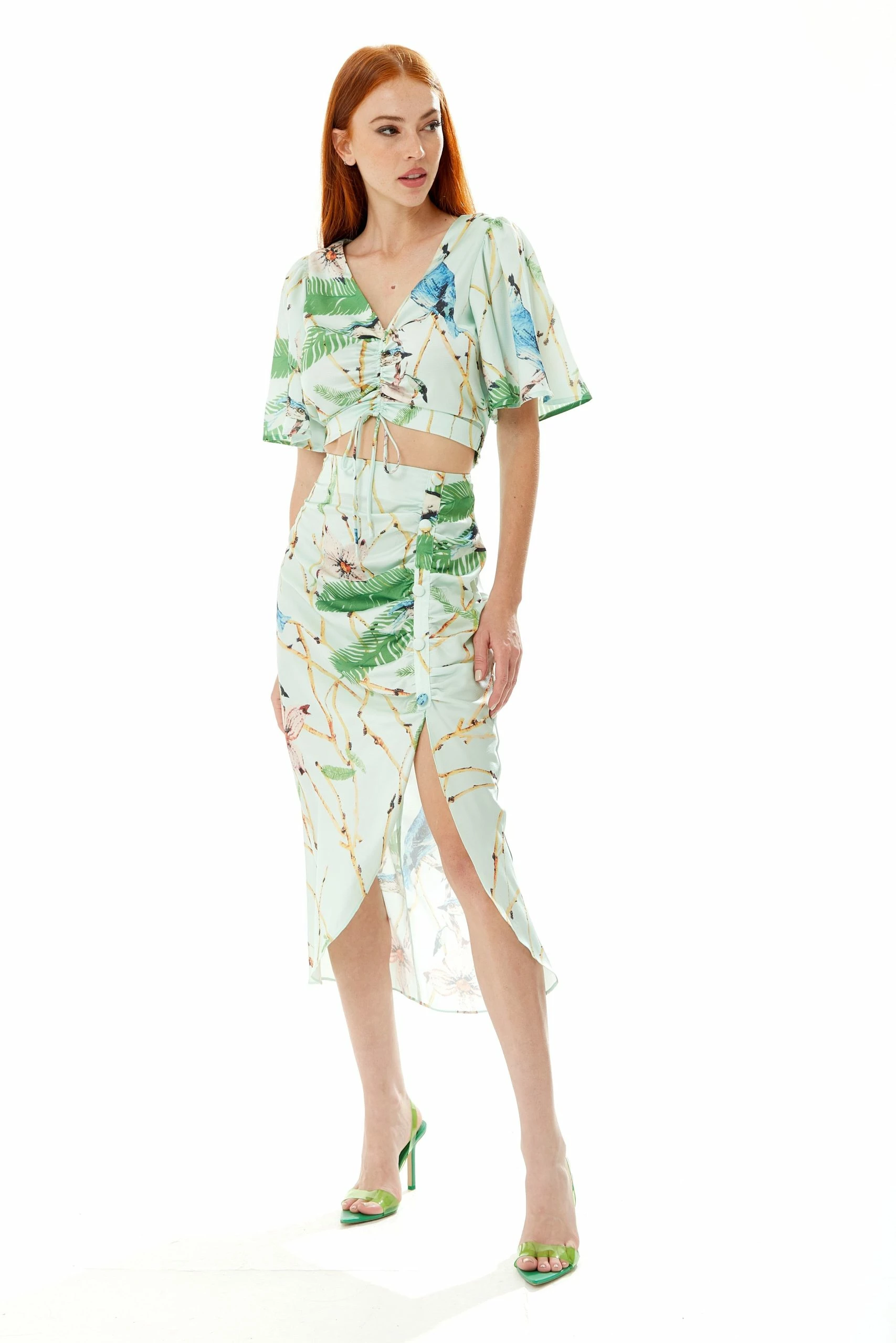 Liquorish Bird Print Ruched Front Crop Top in Mint Green 4 Liquorish Bird Print Ruched Front Crop Top in Mint Green - Image 2