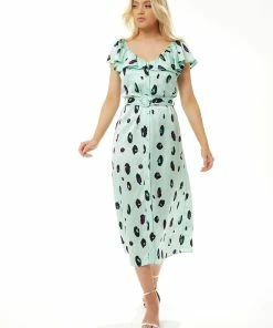 Liquorish Belted Midi Dress with Off Shoulder Sleeves in Mint Animal Print - Green