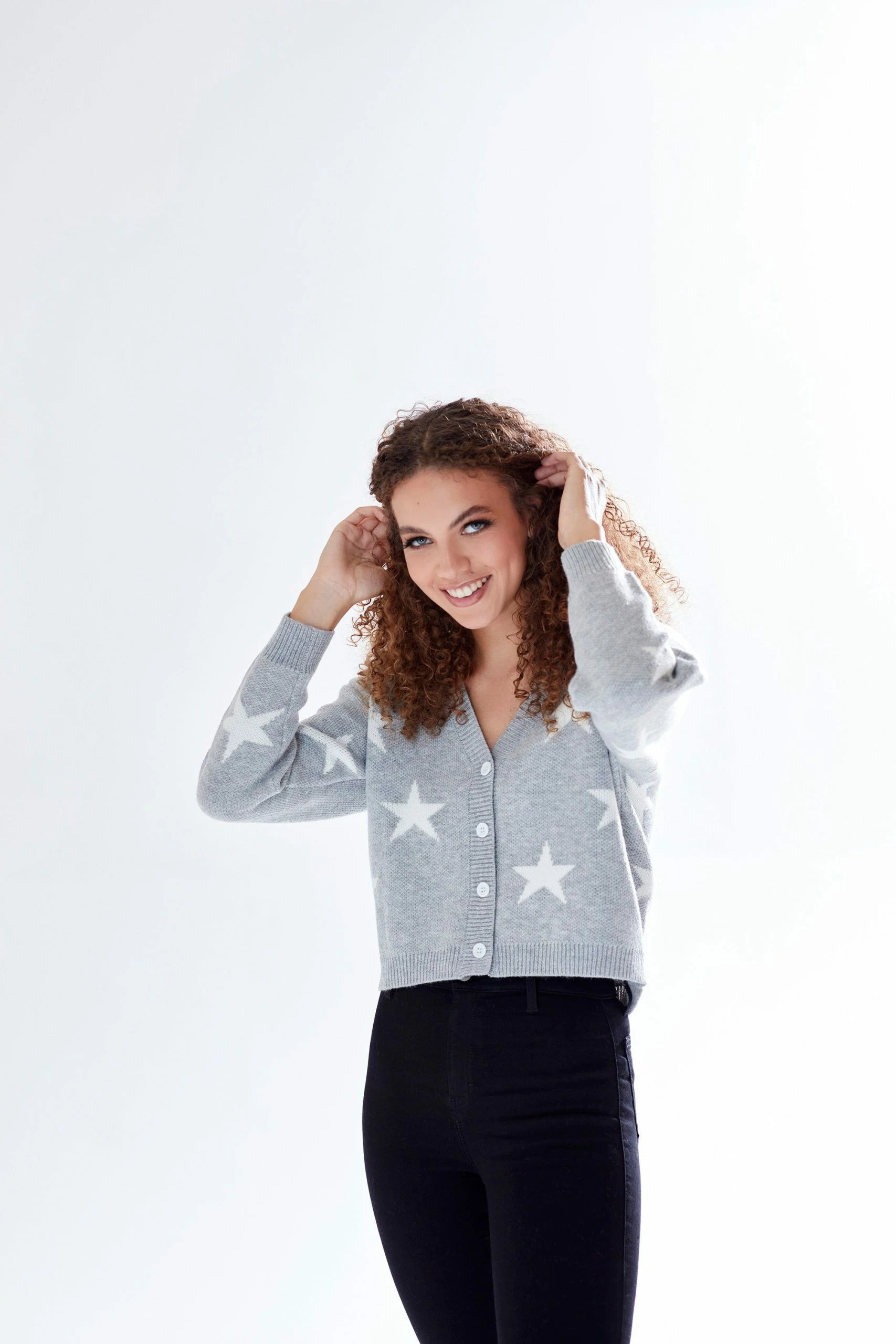 Liquorish Star Pattern V-Neck Button Down Cardigan in Grey & White 3 Liquorish Star Pattern V-Neck Button Down Cardigan in Grey & White