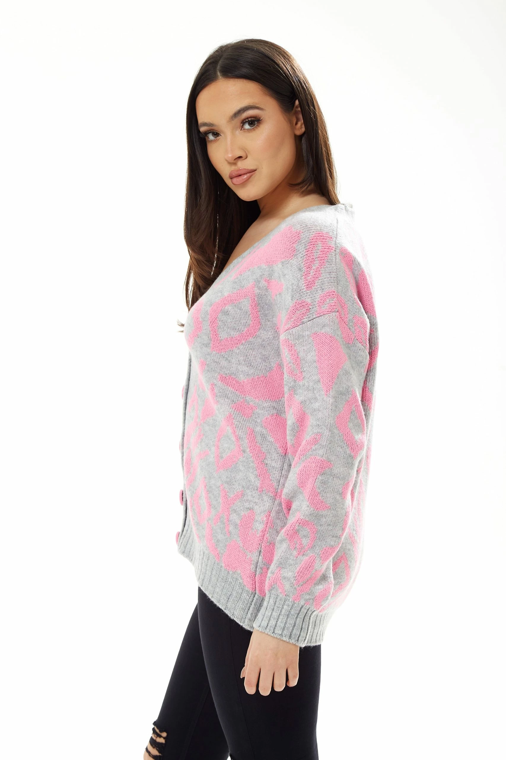 Liquorish Geometric Pattern Cardigan in Pink and Grey 5 Liquorish Geometric Pattern Cardigan in Pink and Grey - Image 3