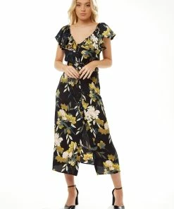 Liquorish Belted Midi Dress with Off Shoulder Sleeves in Navy Floral Print - Multicolour