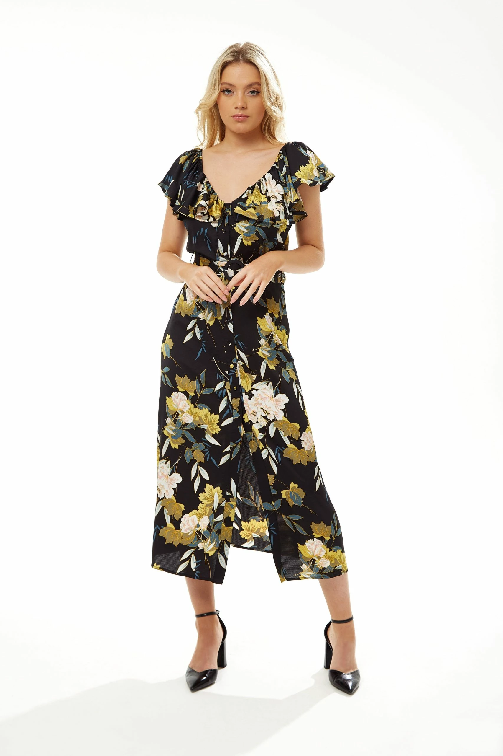 Liquorish Belted Midi Dress with Off Shoulder Sleeves in Navy Floral Print - Multicolour 3 Liquorish Belted Midi Dress with Off Shoulder Sleeves in Navy Floral Print - Multicolour