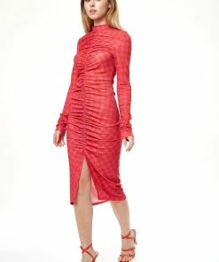 Liquorish Distorted Houndstooth Print Midi Dress with High Neck & Ruching Detail - Pink