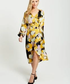 Liquorish Earth Tone Floral Print Midi Wrap Dress - Yellow