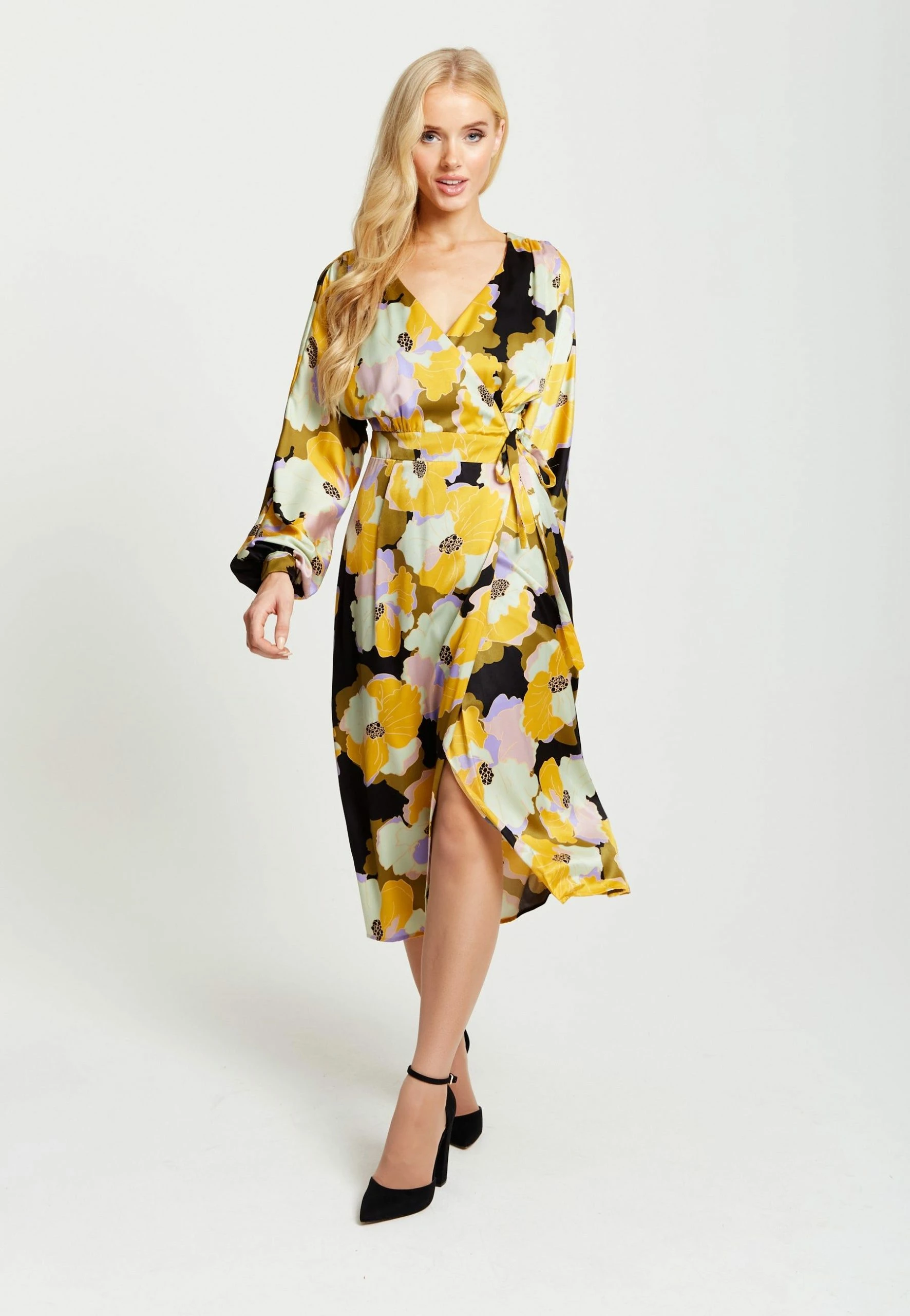Liquorish Earth Tone Floral Print Midi Wrap Dress - Yellow 3 Liquorish Earth Tone Floral Print Midi Wrap Dress - Yellow