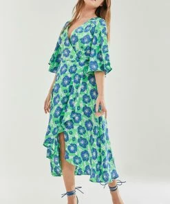 Liquorish Blue Floral Midi Wrap Dress with Kimono Sleeves in Green