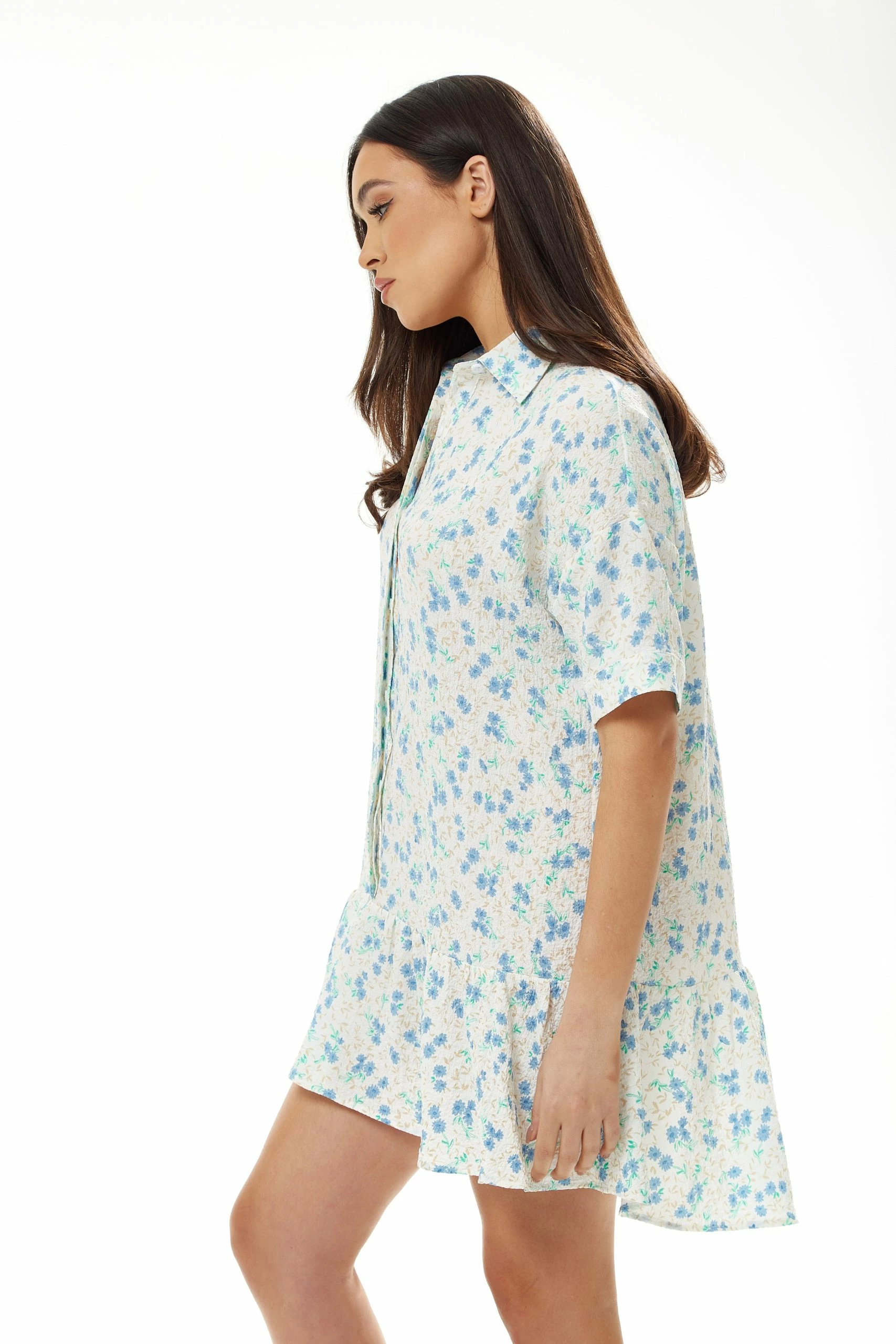 Liquorish Blue Floral Mini Shirt Dress in White 5 Liquorish Blue Floral Mini Shirt Dress in White - Image 3