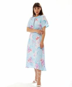 Liquorish Midi Floral Print Dress with Mesh Detail in Blue