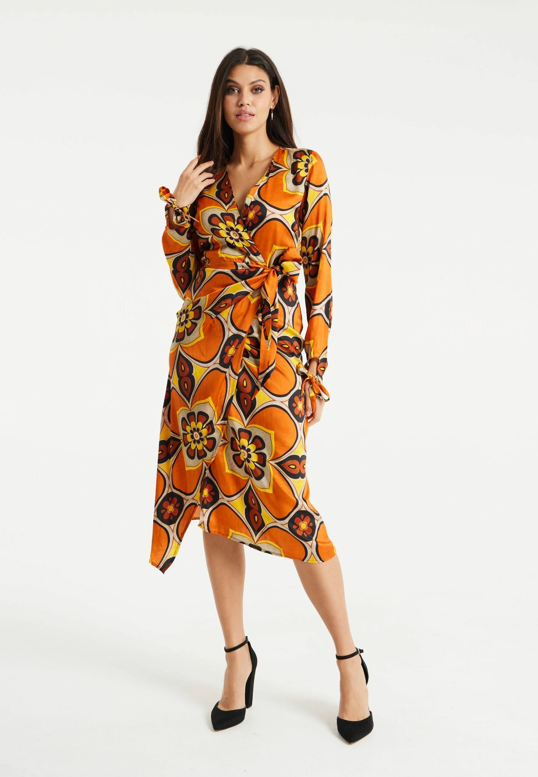 Liquorish Floral Midi Wrap Dress in Orange and Yellow 5 Liquorish Floral Midi Wrap Dress in Orange and Yellow - Image 3