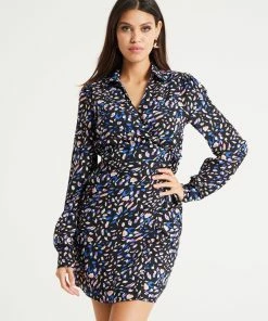 Liquorish Painterly Print Mini Wrap Dress in Black & Multi Colour