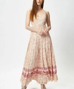 Liquorish Cami Maxi Dress in Nude Floral Print with Tie Back