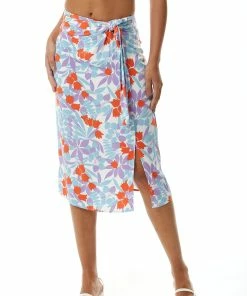 Liquorish Floral Knot Front Midi Skirt in Blue and Red - Blue & Red