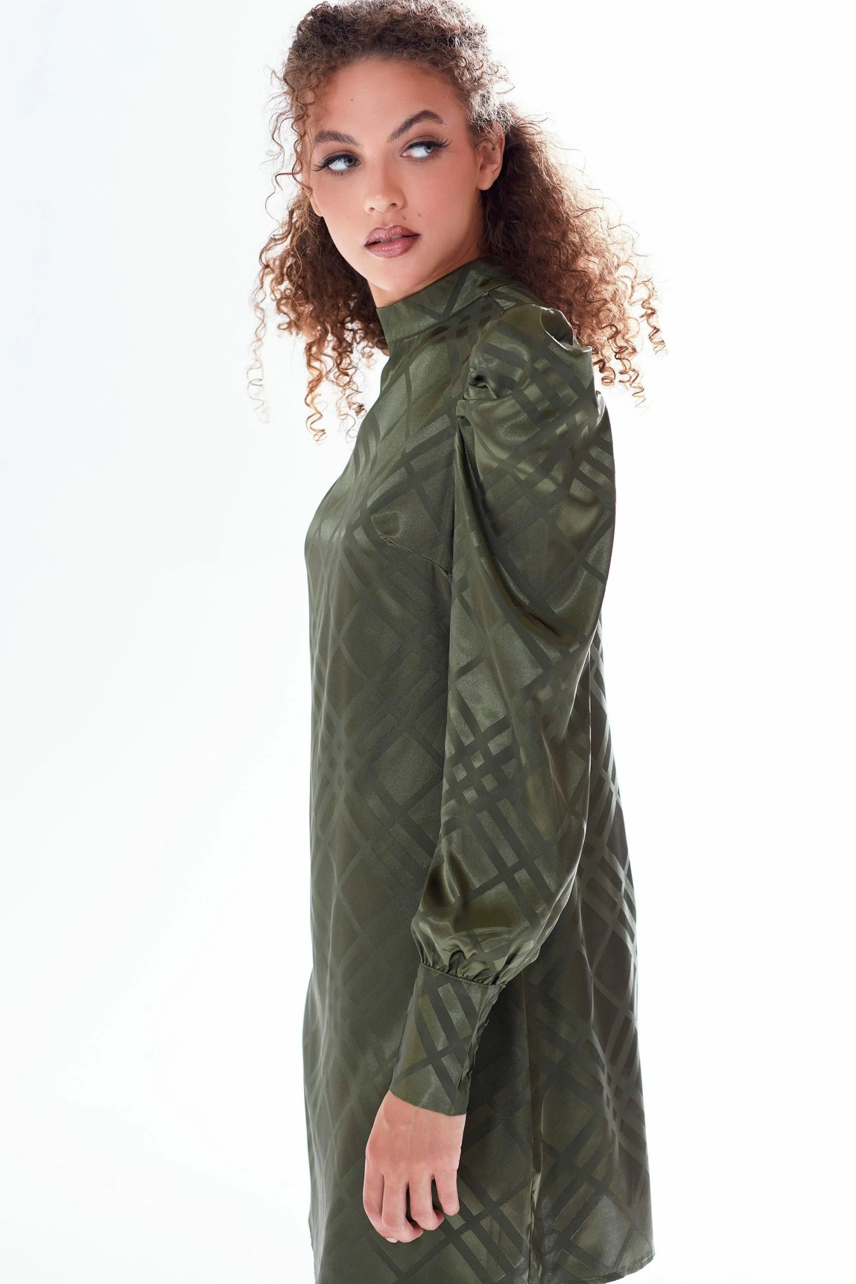 Liquorish check jacquard mini dress with high neck & puff sleeve detail in khaki 4 Liquorish check jacquard mini dress with high neck & puff sleeve detail in khaki - Image 2