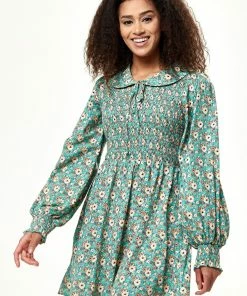 Liquorish Floral Print Smock Mini Dress with Peter Pan Collar in Green