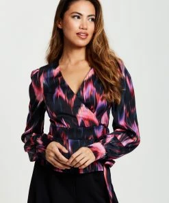 Liquorish Abstract Ikat Print Wrap Top in Black and Print - Multicolour