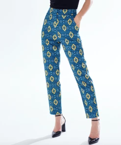 Liquorish African print cigarette suit trousers in blue, yellow & navy - Multicolour