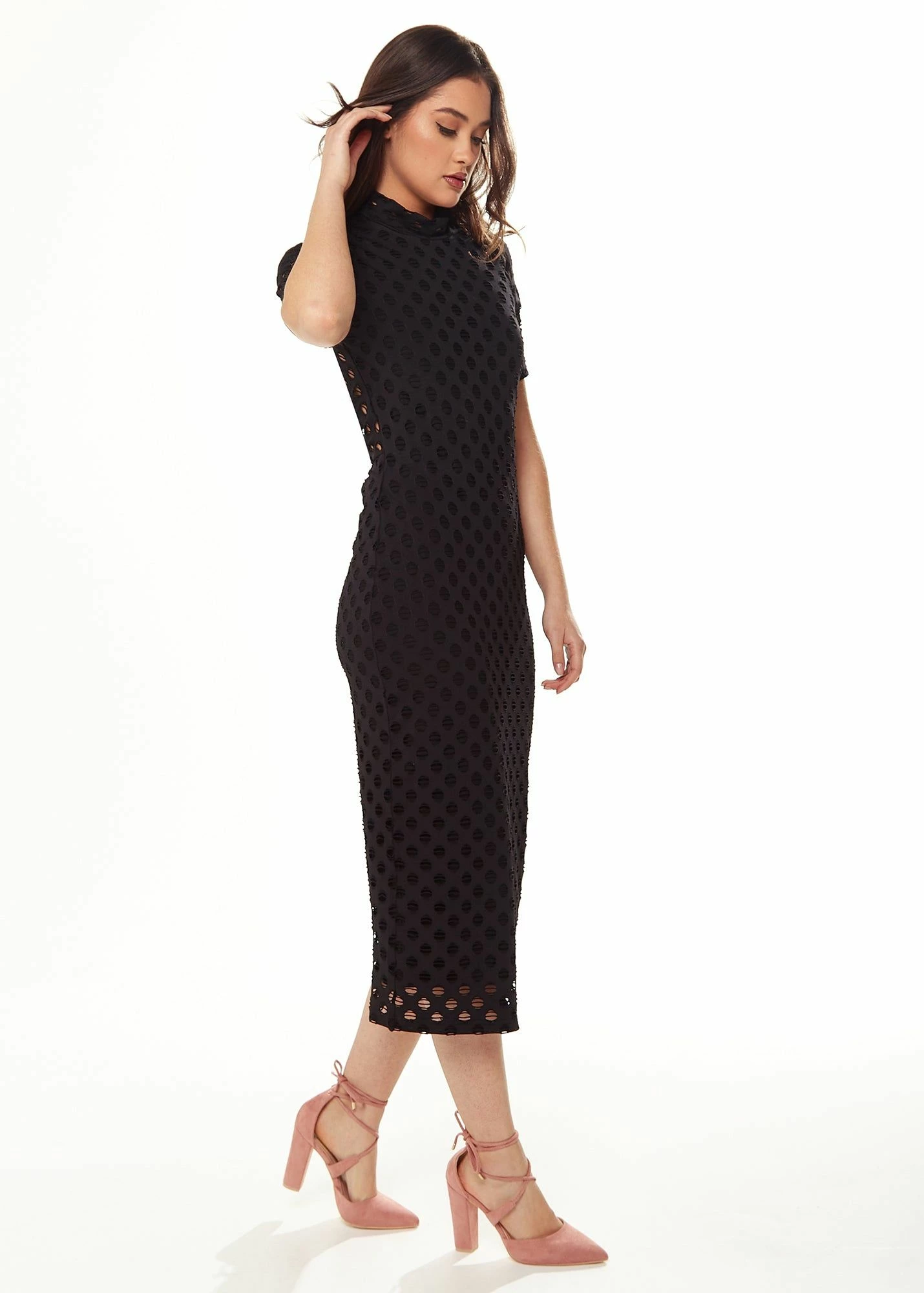 Liquorish Midi Dress with High Neck, Short Sleeves and Open Back Detail in Black 5 Liquorish Midi Dress with High Neck, Short Sleeves and Open Back Detail in Black - Image 3
